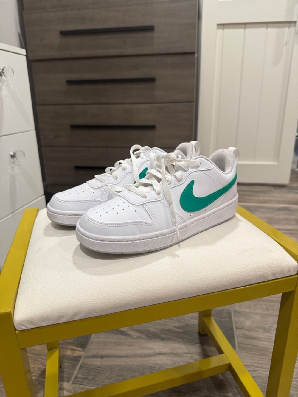 Nike White Sneakers with Green Swoosh